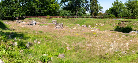 Dzierzgon, pomorskie / Poland-June 26, 2020.:The place where the Teutonic castle stood in Pomerania. Foundations of an old medieval fortress. Summer season.のeditorial素材