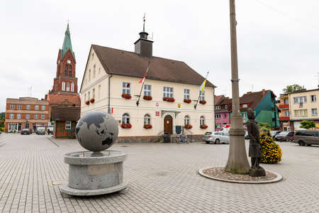 Resko, zachodniopomorskie / Poland-July, 10, 2020: Town hall on the market in Central Europe. Place of the city council headquarters. Summer season.のeditorial素材