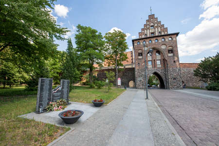 Stargard, Zachodniopomorskie / Poland-July, 14, 2020: A gate in the defensive walls of lego cities in Europe. Defensive building from the Middle Ages. Summer season.のeditorial素材