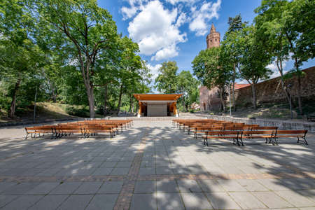 Stargard, Zachodniopomorskie / Poland-July, 14, 2020: Empty amphitheater in the park. A place for small groups. Summer season.のeditorial素材