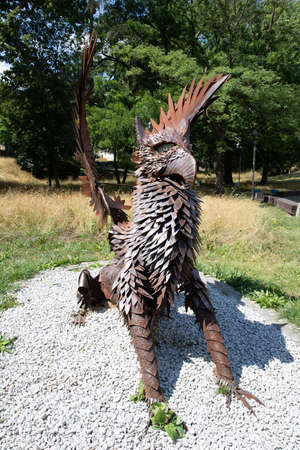 Stargard, Zachodniopomorskie / Poland-July, 14, 2020: Symbol of the city in Pomerania. Griffin monument in the city on the Baltic Sea. Summer season.のeditorial素材