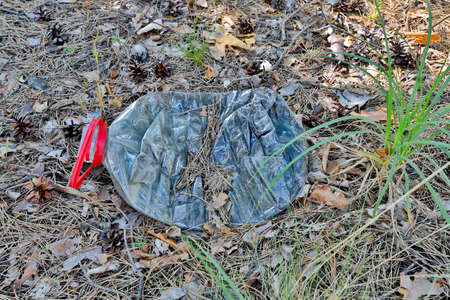 Left plastic garbage in the forest. A littered forest in Central Europe. Summer season.の写真素材