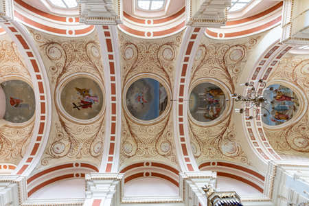 Pyzdry, wielkopolskie / Poland - July, 22, 2020: Interior of a historic Catholic church. Christian temple in Central Europe. Summer season.のeditorial素材