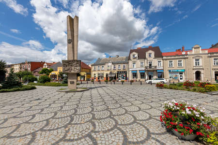 Naklo, Kujawsko Pomorskie / Poland - July, 23, 2020: Market Square and Monument in a Small Town. City center in Central Europe. Summer season.のeditorial素材