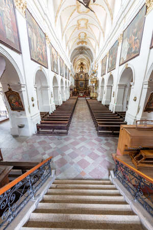 Koronowo, kujawsko pomorskie / Poland - July, 28, 2020: The altar and the church nave in the monastery. The interior of the monastery in Koronowo. Summer season.のeditorial素材