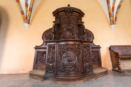 Kartuzy, pomorskie / Poland - August, 04, 2020: Inside a collegiate church in a small town. The altar and pews in the church. Summer season.のeditorial素材