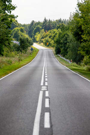 Asphalt road leading through the forest. Road for passenger cars in Central Europe. Summer season.の写真素材