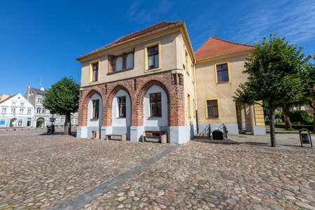 Trzebiatow, Zachodniopomorskie / Poland - August, 30, 2020: Town Hall in the center of a small town. The seat of the city authorities in the European city. Summer season.のeditorial素材