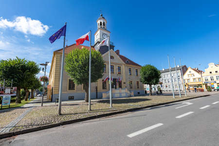 Trzebiatow, Zachodniopomorskie / Poland - August, 30, 2020: Town Hall in the center of a small town. The seat of the city authorities in the European city. Summer season.のeditorial素材
