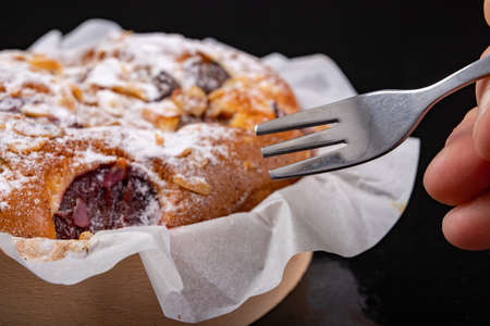 Tasty fruit pie in a paper mold and fork. Dessert prepared for serving. Dark background.の写真素材