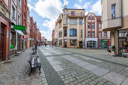 Lebork, Pomorskie / Poland - September, 09, 2020: Historic streets in the old town of Central Europe. Renovated tenement houses in a small town. Autumn season.のeditorial素材
