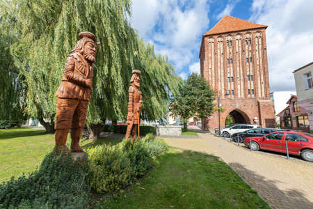 Slawno, Zachodniopomorskie / Poland - September, 10, 2020: Historic building, the Koszalin Gate in the city center. The tower and the remains of the city walls. Autumn season.のeditorial素材