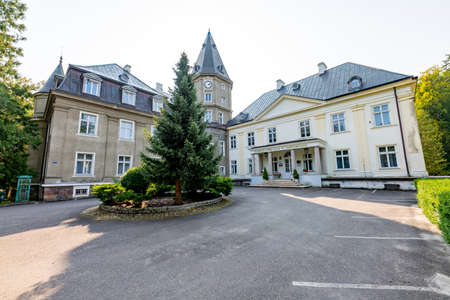 Warcino, Pomorskie / Poland - September, 12, 2020: Renovated old mansion in a small village. A historic manor house converted into a school for foresters. Autumn season.のeditorial素材