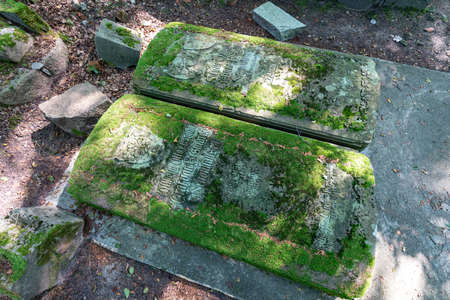 Warcino, pomorskie / Poland - September, 12, 2020: Ruins of the Bismarck mausoleum in a deciduous forest. Old tombstones covered with moss. Autumn season.のeditorial素材