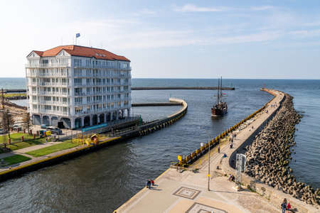 Darlowko, Zachodniopomorskie / Poland - September, 12, 2020: A fishing port in a small town. Seaport in Central Europe. Autumn season.のeditorial素材