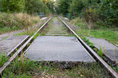 Concrete crossing over the railroad tracks. Old overgrown railway traction. Autumn season.の写真素材