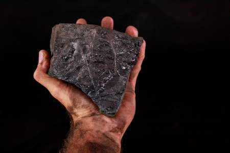 A lump of brown coal in the palm of your hand. Fuel material for heating single-family houses. Dark background.の写真素材