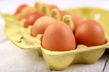 Fresh eggs in a cardboard form. Tasty eggs for baking bread in the bakery. Light background.の写真素材