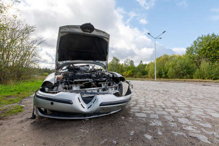 Drawsko, Zachodniopomorskie / Poland - October, 09, 2020: Destroyed passenger car. Car after a road accident. Autumn season.のeditorial素材