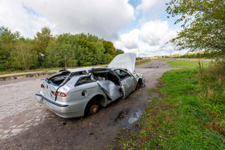 Drawsko, Zachodniopomorskie / Poland - October, 09, 2020: Destroyed passenger car. Car after a road accident. Autumn season.のeditorial素材