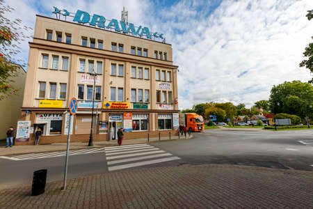 Drawsko, Zachodniopomorskie / Poland - October, 09, 2020: Market square and old tenement houses in a small town in Pomerania. The center of a small town. Autumn season.のeditorial素材