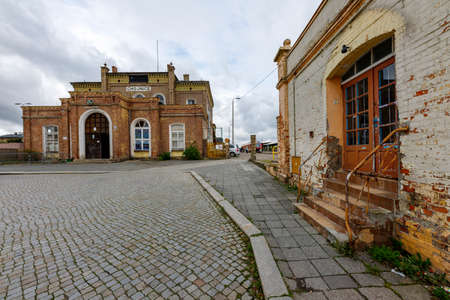 Chojnice, pomorskie / Poland - October, 16, 2020: Railway station in a small town. Buildings and railway infrastructure. Autumn season.のeditorial素材