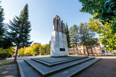 Nowogard, Zachodniopomorskie / Poland - October, 22, 2020: Former monument to the brotherhood of arms. Concrete statue in memory of the liberation of the city. Autumn season.のeditorial素材