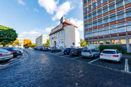 Nowogard, Zachodniopomorskie / Poland - October, 22, 2020: The seat of the city authorities. Old brick building intended for administration offices. Autumn season.のeditorial素材