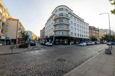 Gdynia, Pomorskie / Poland - October, 25, 2020: Old pre-war tenement houses in the city center. Buildings in the very center. Autumn season.のeditorial素材