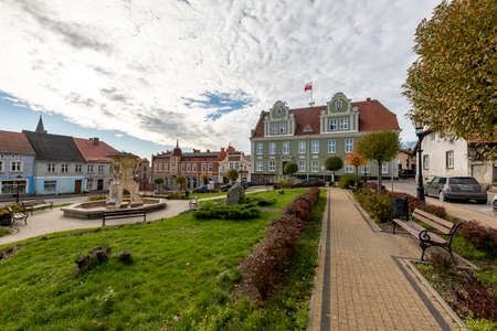 Skarszewy, pomorskie / Poland - November, 4, 2020: Market square and old tenement houses in a small town in Pomerania. The center of a small town. Autumn season.のeditorial素材