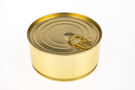 Canned metal with meat inside. Food with a long shelf life. Light background.の写真素材