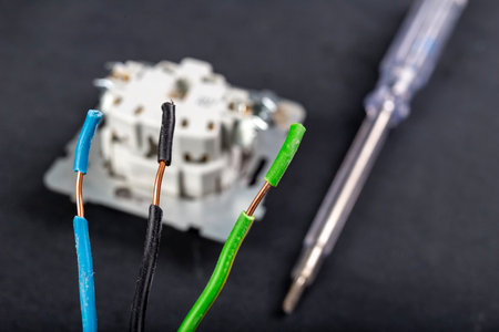 Copper electrical wires during assembly. Minor electrical work in the household. Dark background.の写真素材