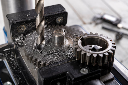 Drilling a hole in metal. Metal works performed with a drill. Dark background.の写真素材