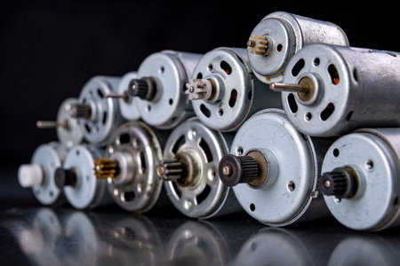 Small electric motors used in household appliances. Devices for driving various small devices. Dark background.の写真素材