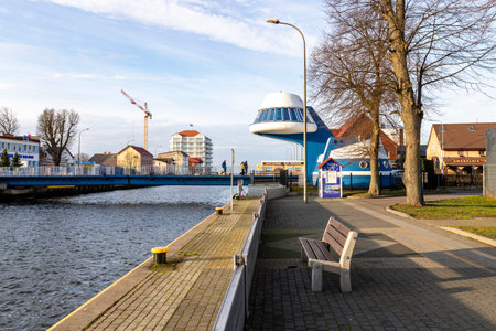 Darlowko, West Pomeranian Voivodeship Poland - December, 17, 2020: Port in a small town on the Baltic Sea. The port channel and buildings in Central Europe. Autumn season.のeditorial素材