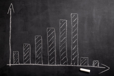 Bar chart showing the collapse of finances in the world. Drawing on a black school blackboard. Dark background.の写真素材
