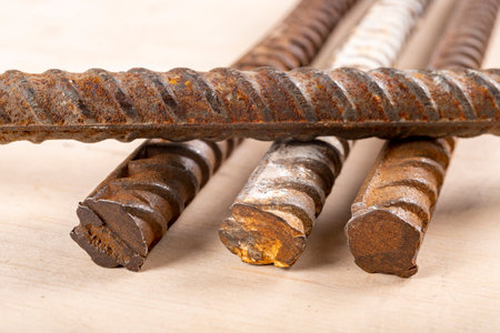 Bars for concrete reinforcement in house construction. Elements of building structures. Light background.の写真素材