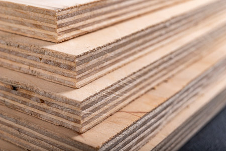 Plywood panels stacked on top of each other. Materials for carpenters for the construction of furniture. Dark background.の写真素材