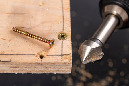 Countersinking holes for metal carpenter's screws. Minor carpentry work in the workshop. Light background.の写真素材