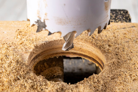 Drilling a large hole in wood. Hole saw used in a table drill. Dark background.の写真素材