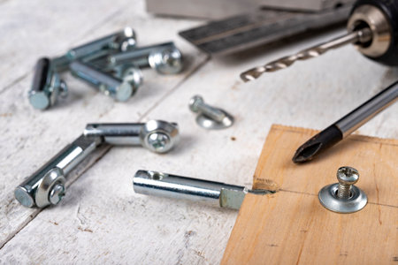 Assembly of the hinge used in the construction of furniture. Minor carpentry work performed in the workshop. Light background.の写真素材