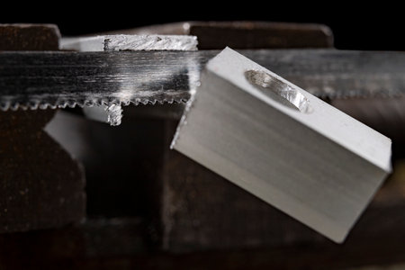Cutting aluminum with a handsaw. Locksmith works performed as an amateur. Workplace home workshop.の写真素材
