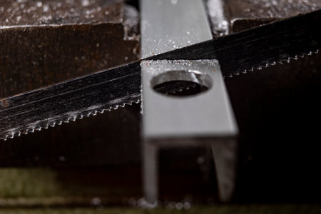 Cutting aluminum with a handsaw. Locksmith works performed as an amateur. Workplace home workshop.の写真素材