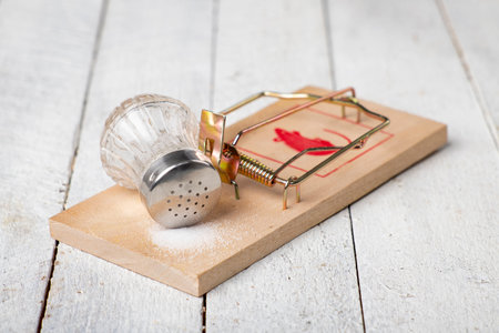 Mouse trap and bait salt. Too much salt is unhealthy. Light background.の写真素材