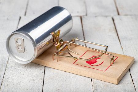 Mouse trap and metal can. Too much carbonated drink is unhealthy. Light background.の写真素材