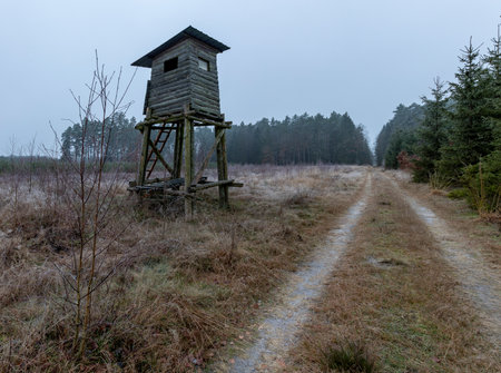 A wooden hunting pulpit at the edge of the forest. A place for hunters intended for hunting hunting. Winter season.の写真素材