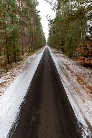 Asphalt road covered with snow leading through the forest. Winter scenery shown in color. Winter season.の写真素材