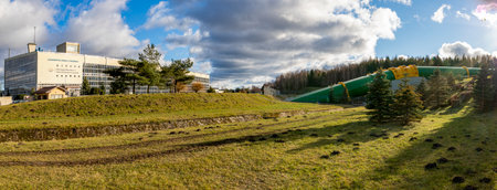 Czymanowo, Pomorskie Poland - January, 27, 2021: View of a hydroelectric power plant in northern Poland. Electricity generating equipment. Autumn season.のeditorial素材