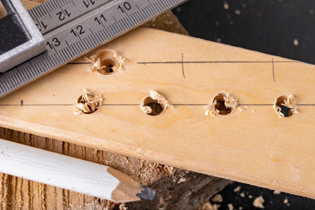 Marking drill points on a piece of wood. Minor carpentry work in the workshop. Dark background.の写真素材