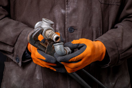 Plumber holding a wrench and pipes in his hands. Work in a mechanical workshop. Dark background.の写真素材